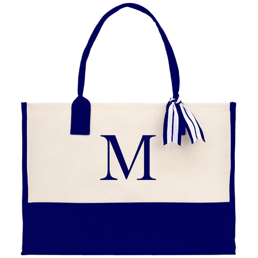 Personalized Monogram Embroidery Cotton Canvas Beach Tote Bag Initial Tote Bridesmaid Gift Tote Custom Beach Bag Gift for Her A-Z - Navy