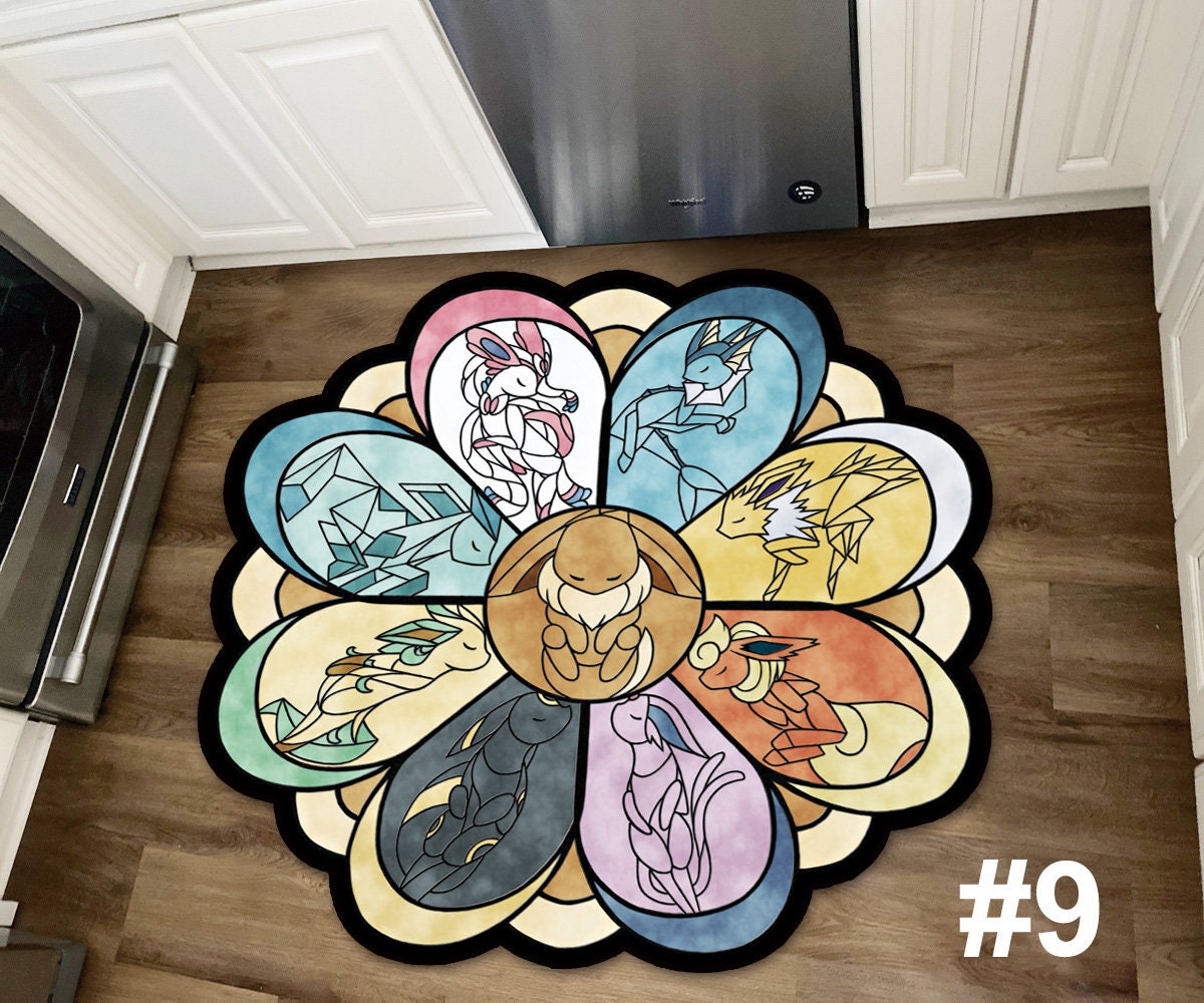 Pikachu Rug, Japanese Anime Eevee Vaporeon Espeon Sylveon Leafeon Umbreon Handmade Non-slip Area Rug Home Decor Mat