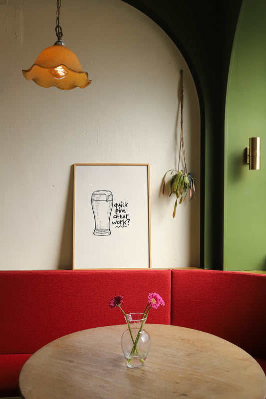 Retro Quick Pint After Work? Line Art Print - Lager Beer, Kitchen Wall Art, Artisan Sketch Lines, Minimalist Retro Food Drink, Alcohol Bar