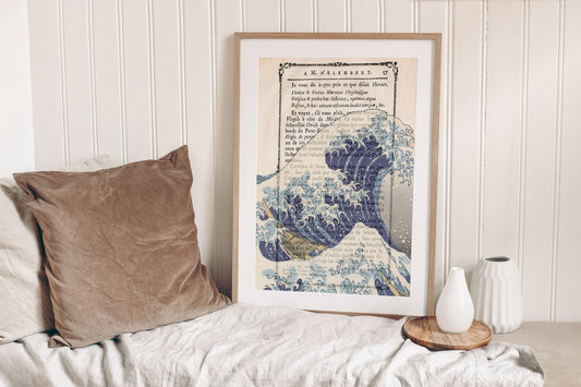 The Great Wave by Katsushika Hokusai Poster Print on vintage page of a book, Japanese Art, Vintage Poster, Katsushika Hokusai wall art