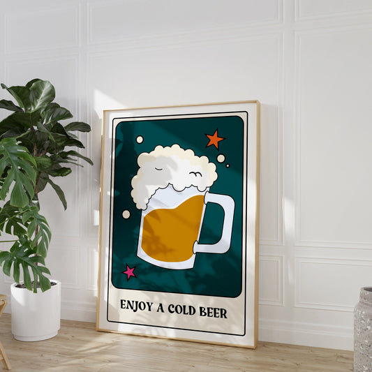 Enjoy A Cold Beer Tarot Card Style Print - Pint, Funky Retro Home Wall Art, Fun Tarot Card, Bold Colourful Cool Quote Print, 90s Trendy Art