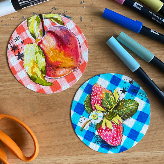 Summer Strawberries Original Mixed Media Drawing | Round Marker Drawing on Paper