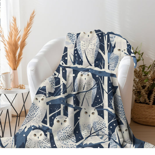 Snowy Owl Winter Blanket, Wise Owl Winter Throw, White Owl Forest Decor Cottagecore Artic Owl Nursery, Baby Shower Gift for Nature Lovers