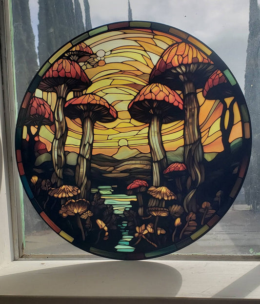 Mushroom Forest: Stained Glass Style Window Hanging