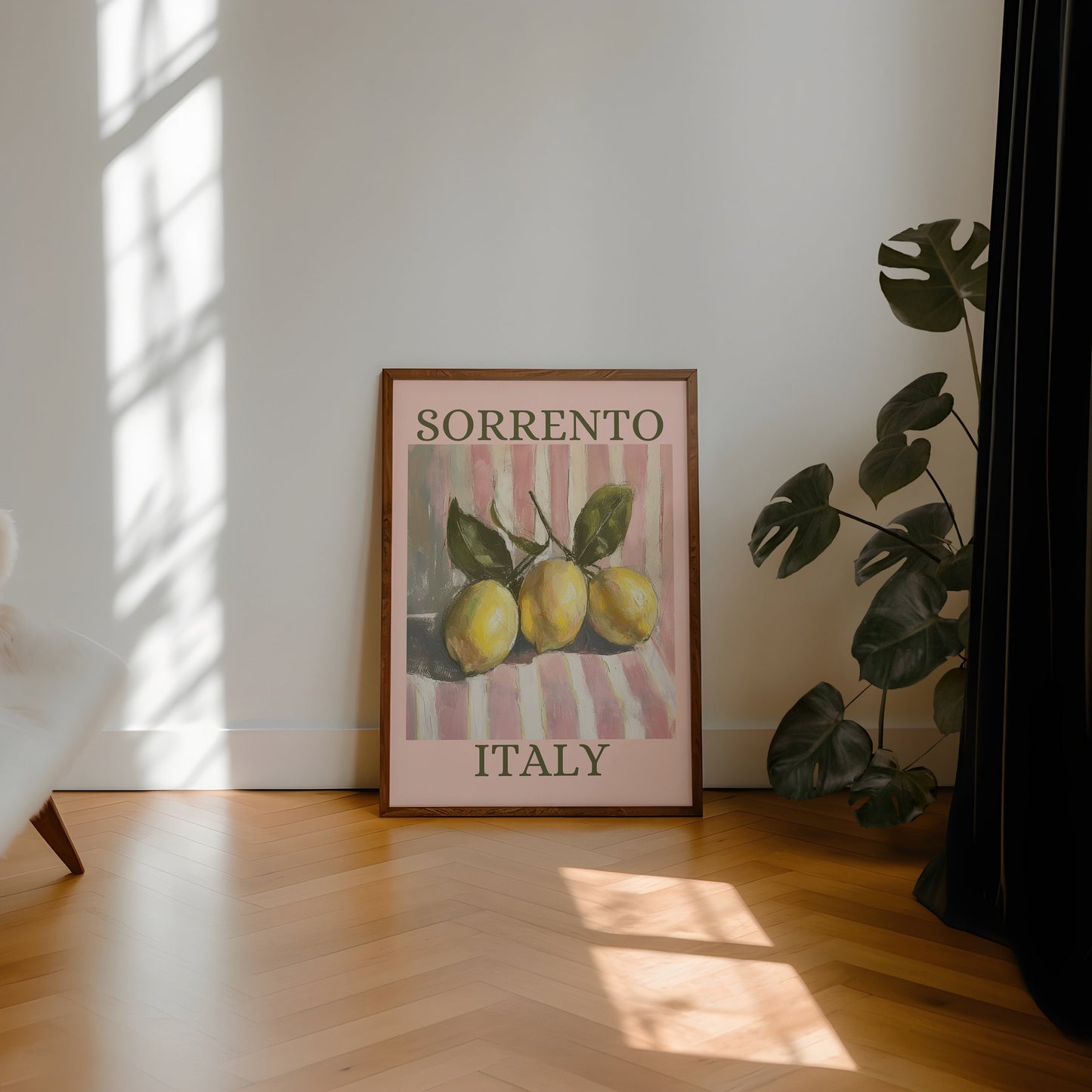 Sorrento Italy Lemon Pink Aesthetic Print - Pink And White Pastel Stripes, Trendy Feminine Fruit Art, Kitchen Dining Room Summer Retro Art