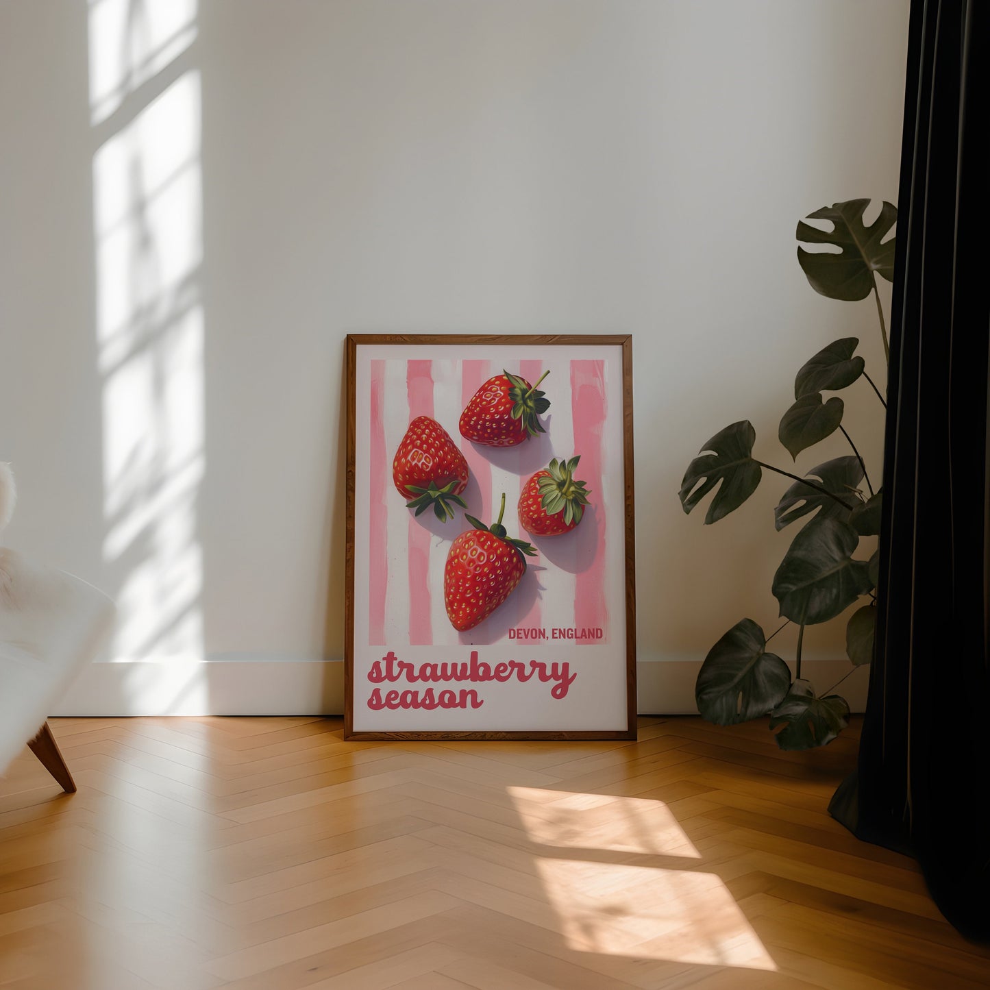Strawberry Season Pink Aesthetic Print - Pink And White Pastel Stripes, Trendy Feminine Delicious Fruits, Kitchen Dining Room Summer Retro