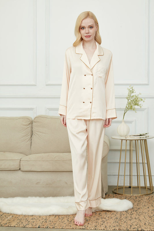Satin Pajama Set For WomenEmbroidery Bride And Bridesmaids Pajama Luxurious Champagne Double-breaste Sleeve Pajama Set Soft Silky Polyester
