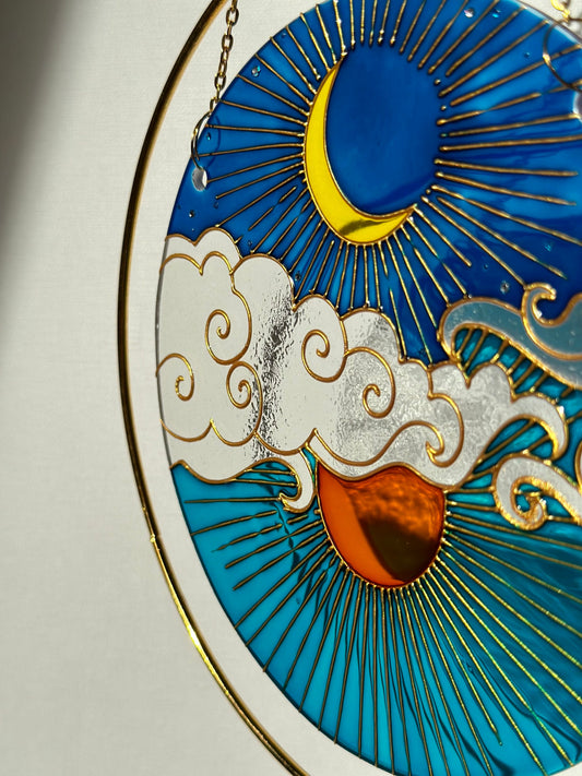 Unique Suncatcher for window Sun Moon Cloud Mothers day gift Aesthetic room decor for every home Stained glass painting