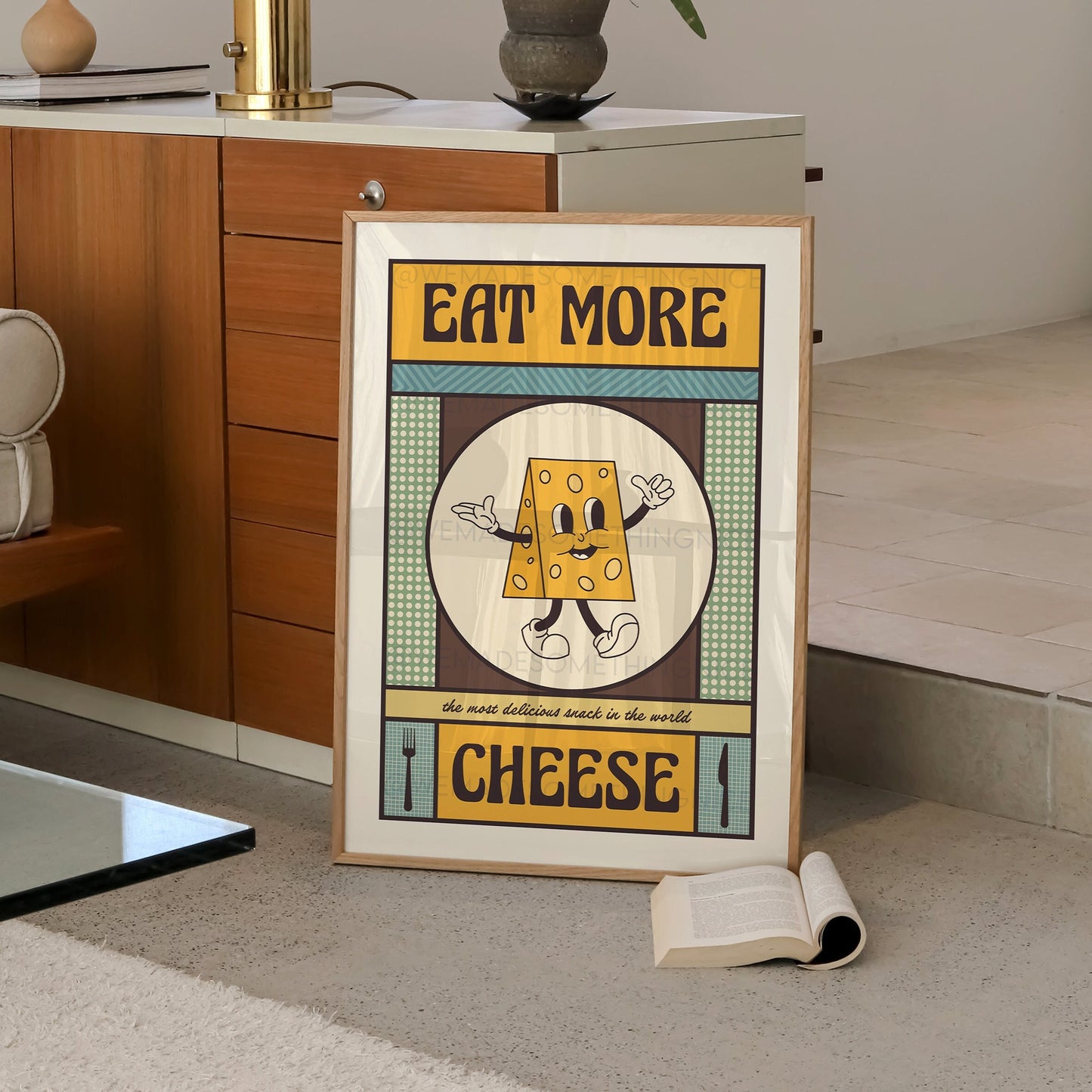 Retro Eat More Cheese Poster, Food Print, Modern Kitchen Decor, Retro Poster, Pop Art, Kitchen Art, Exhibition Poster, Retro Character Print