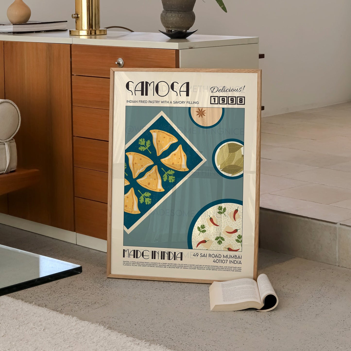 Samosa Poster, Kitchen Art, Food Illustration, Food Print, Modern Kitchen Decor, Travel Poster, Kitchen Poster, Retro Wall Art, India Print