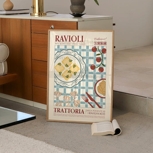 Ravioli Poster, Pasta Print, Kitchen Poster, Kitchen Print, Food Print, Modern Kitchen Decor, Retro Wall Art, Wine Art