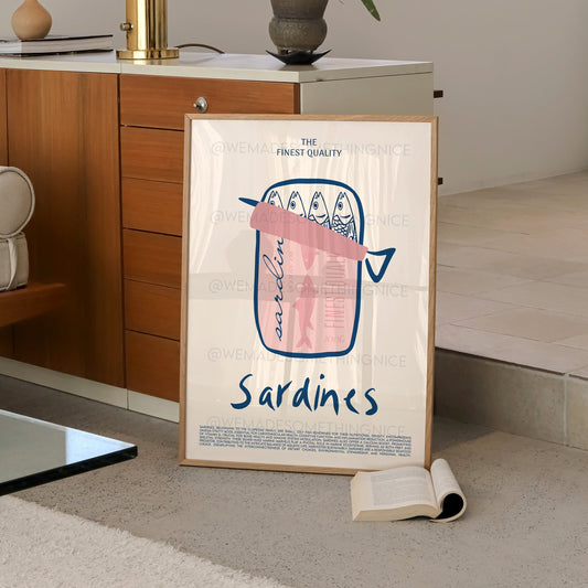 Sardines Print, Modern Kitchen Decor, Retro Food Print, Vintage Food Print, Coastal Art, Food Art, Foodie Gift, Trendy Wall Art, Home Decor