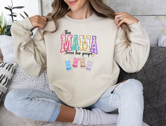 Personalized Mama Easter Shirt, This Mama Loves Her Peeps, Bunny Mom Sweatshirt, Mommy Peeps Shirt, Mom with Kids Names Easter Shirt
