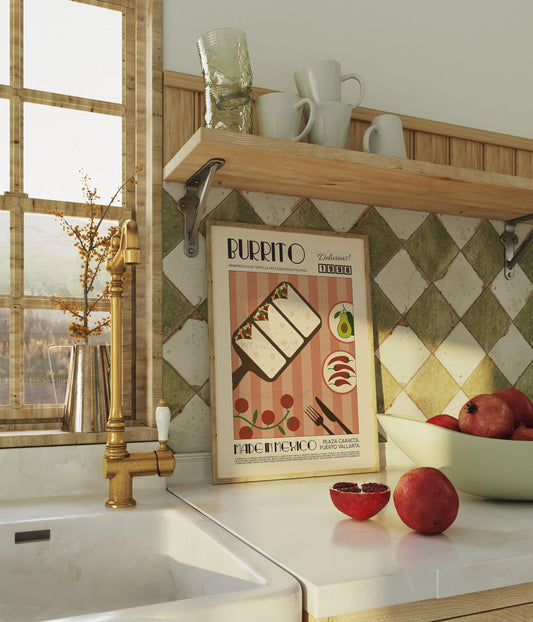 Burrito Poster, Kitchen Poster, Kitchen Print, Modern Kitchen Decor, Mexico, Food, Chef Print, Exhibition Poster, Retro Wall Art