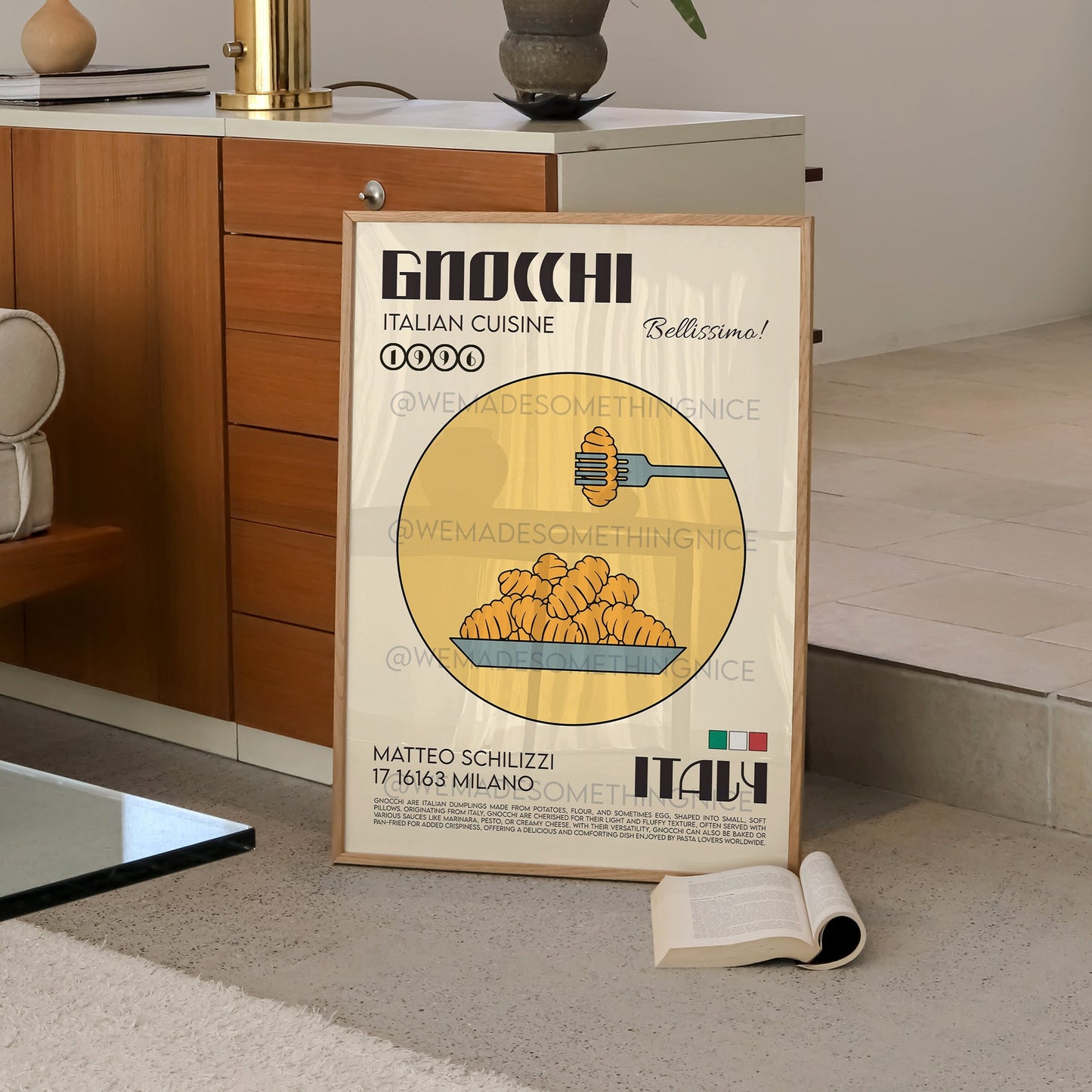 Gnocchi Poster, Pasta Art, Kitchen Poster, Kitchen Print, Food Poster, Modern Kitchen Decor, Illustration, Kitchen Art, Retro Wall Art