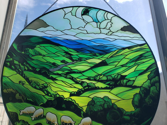Green Irish Hills: Stained Glass Style Window Hanging