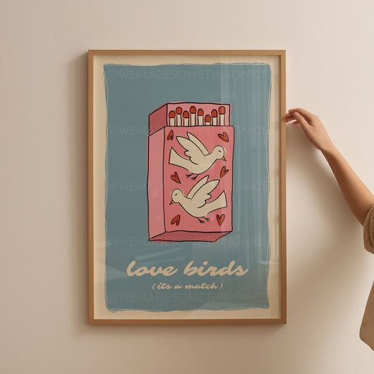 Love Birds Poster, Matchbox Poster, Trendy Wall Art, Apartment Decor, Retro Wall Art, Coquette Room Decor, Pink Wall Art, Pink Bow Print