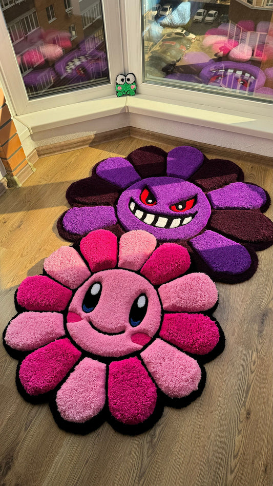 Evil Flower Gengar Puffy Tufted Rug – Custom Handmade 3D Carpet, Fluffy Kawaii Goth Decor, Creepy-Cute Rug for Bedroom size 3 x 3 ft