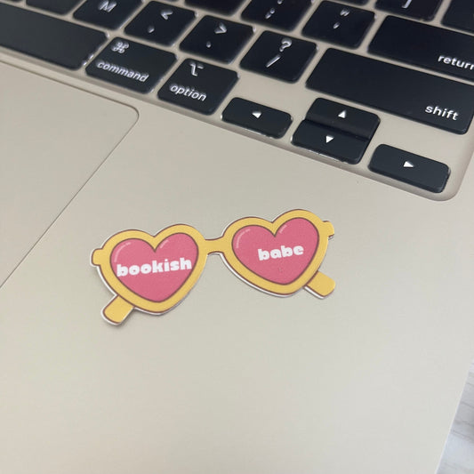 Bookish Girl Heart Sunglasses retro sticker, book stickers, kindle, laptop, pink bow, romance, bookish sticker, spring, decal