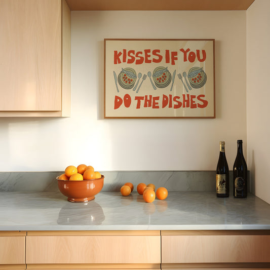 Kisses If You Do The Dishes Poster, Trendy Wall Art, Maximalist Wall Art, Apartment Decor, Retro Wall Art, Kitchen Print, Sketch