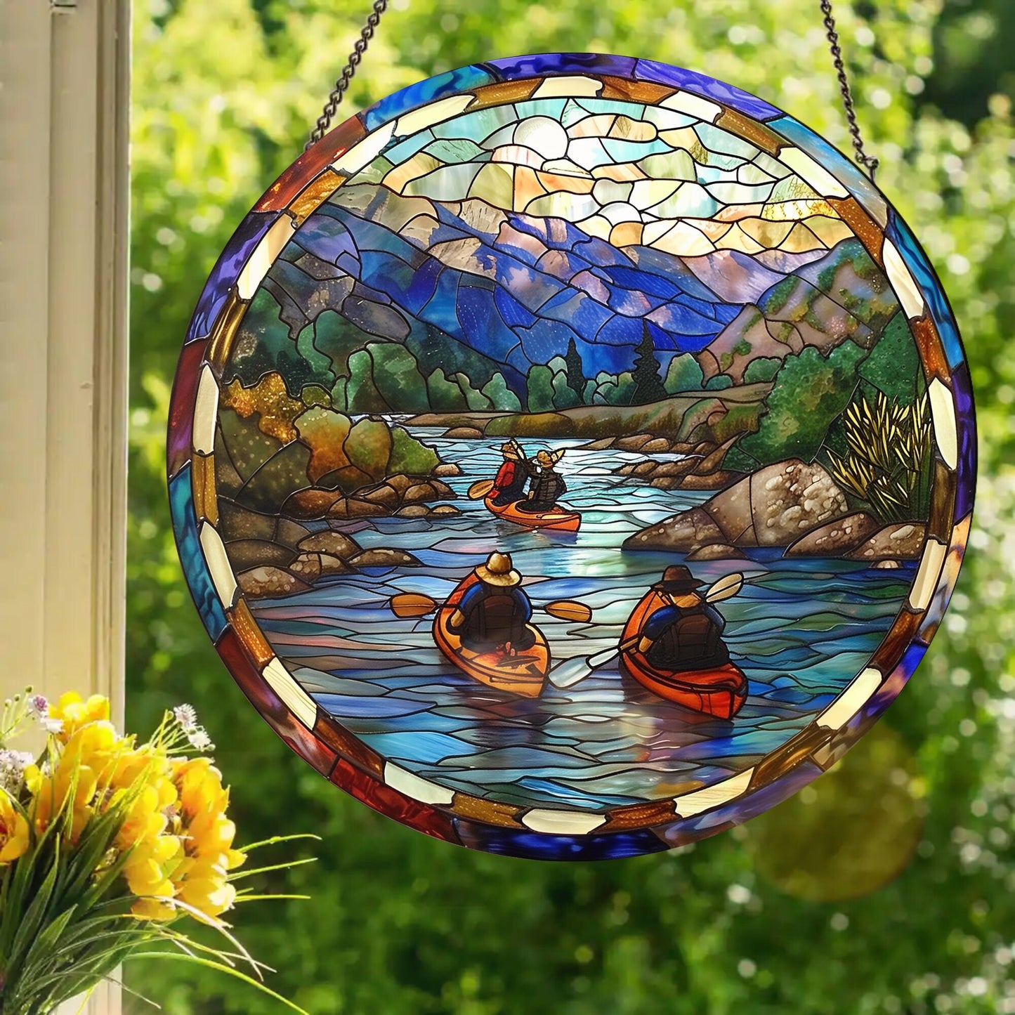 Lazy River Kayaking: Stained Glass Style Window Hanging