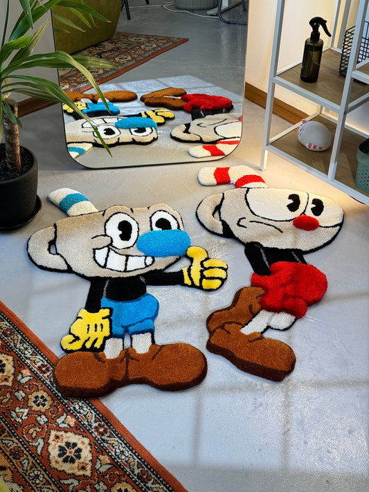 Couple Tufted Characters 3D Rug, Cute Cups Rug, Stylish Rug, Handmade floor art, Fluffy tufted Rug, Videogame rug