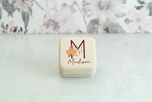 Colorful Initial and Name Gift Set, Canvas Name Tote, Personalized Frosted Glass Tumbler, Vegan Square Jewelry Box, Bridesmaid Gift Sets