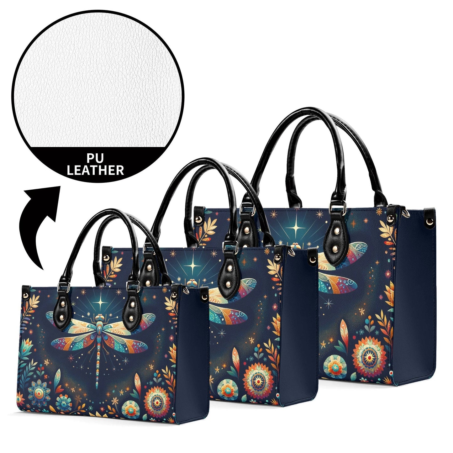 Celestial Dragonfly Tote Bag. Multi-pocket PU Leather Handbag. Square Vegan Leather Purse. Crossbody Bag