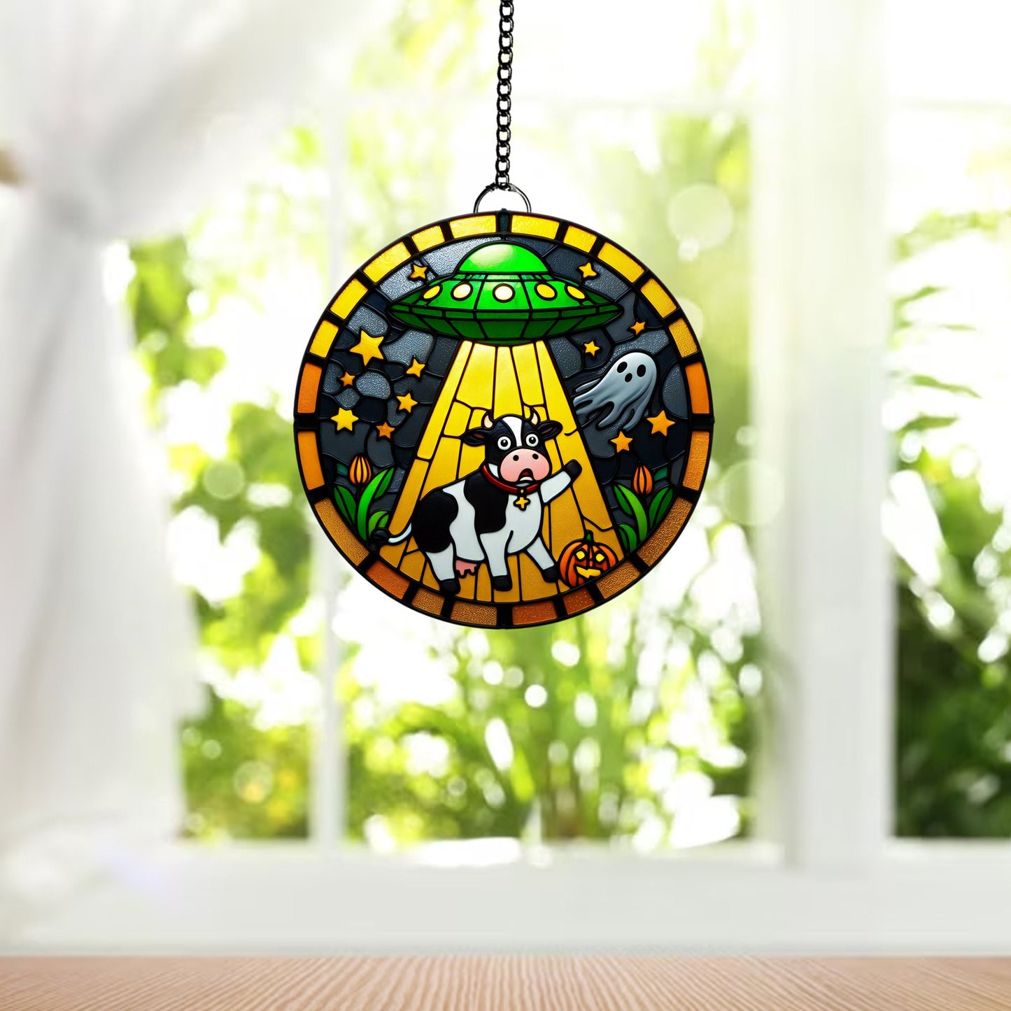UFO Abduction a cow Window Hanging, Silly Cow Arcylic Window Hanging Art Decoration, Cat home Ornament, gift for her, Ghost Halloween