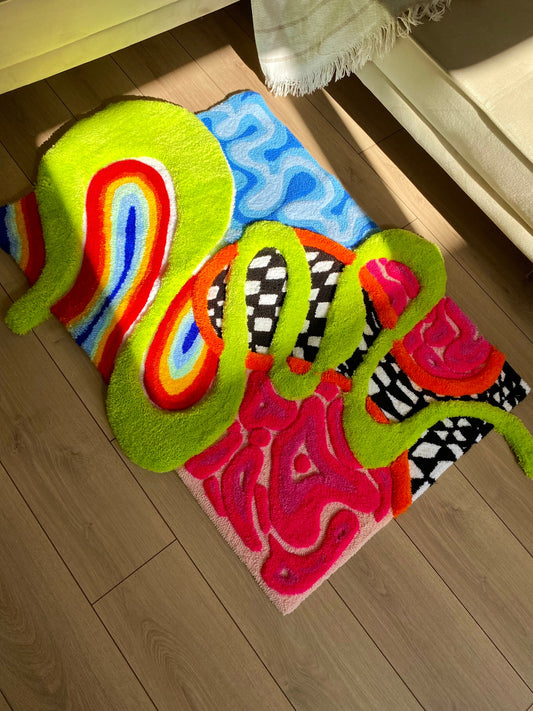 3D 'Alice' Fluffy Checkered Rainbow Handmade Tufted Rug