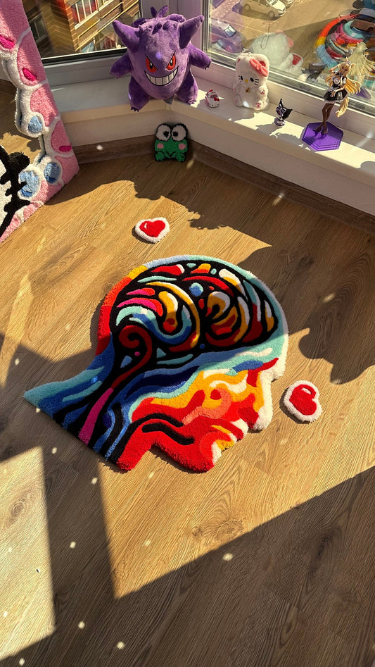 Melting Brain Tufted Rug – Handmade Abstract Human Head Carpet, Custom Drippy Art for Creative Spaces, Surreal Room Decor