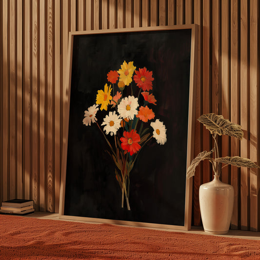 Vintage Colorful Daisies Oil Painting Black Gothic Antique Flower Print Illustration Botanical Farmhouse April Birth Flower Birthday Gift