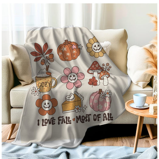 I love fall blanket, retro fall pumpkin blanket, cute fall pumpkin blanket, fall coffee blanket, cute mushroom blanket, fall throw blanket