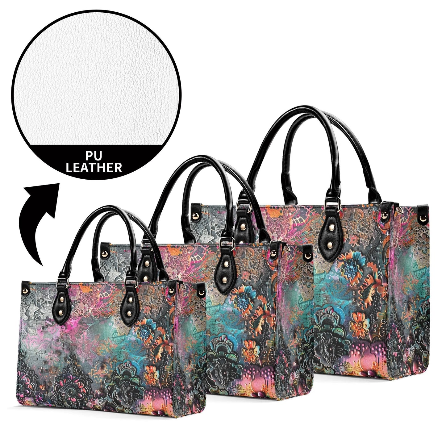 Dark Enchantment Tote Handbag. Colorful Handbag, Waterproof PU Leather Tote, Top Handle Vegan Leather, Crossbody, Shoulder bag.