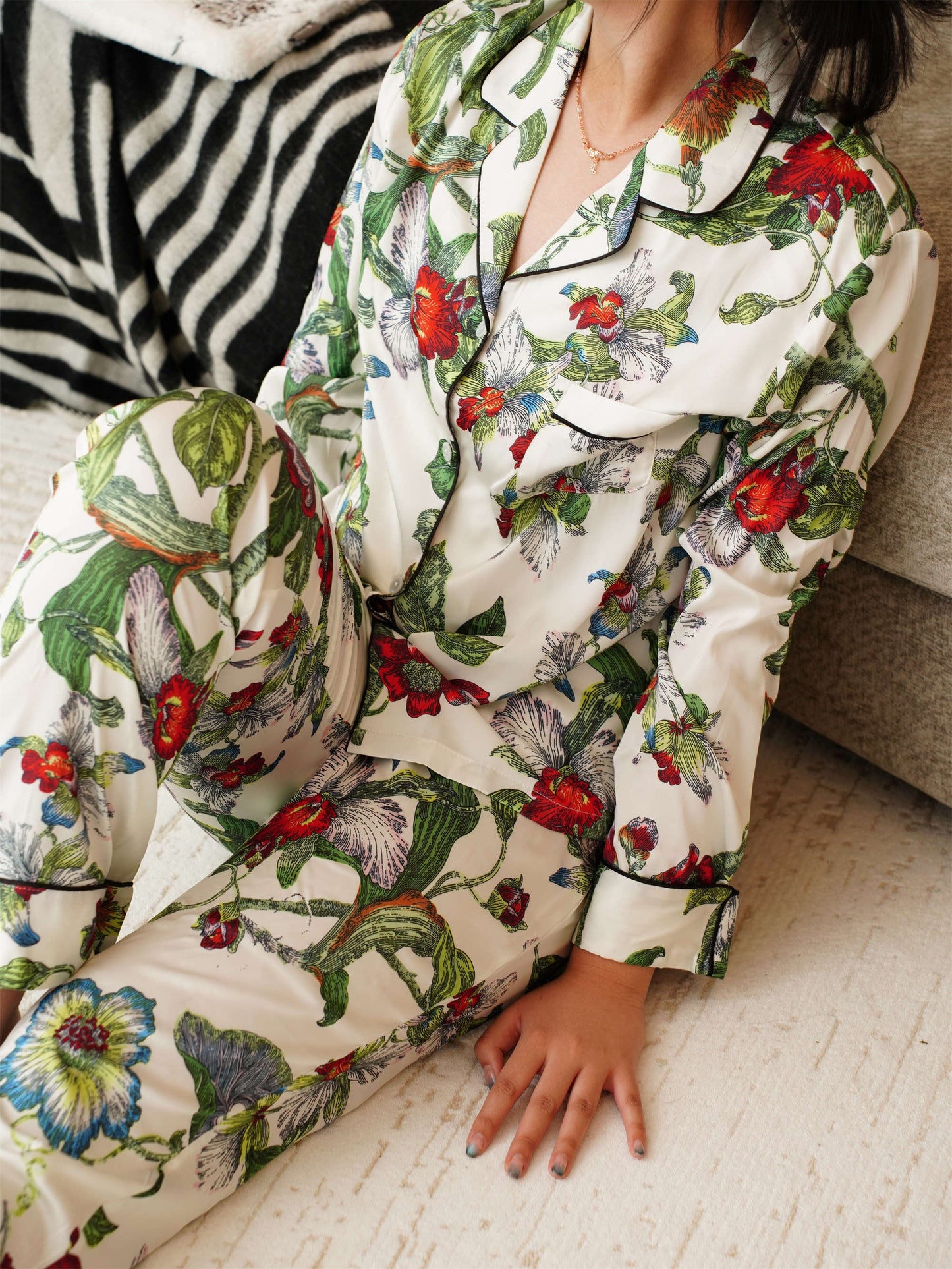 Exotic Rainbow Flower Print Pyjama Set ,Long Sleeves ,Bride and Bridesmaid Pajama , Birthday Gifts For Her?Could Be Wear Outside,