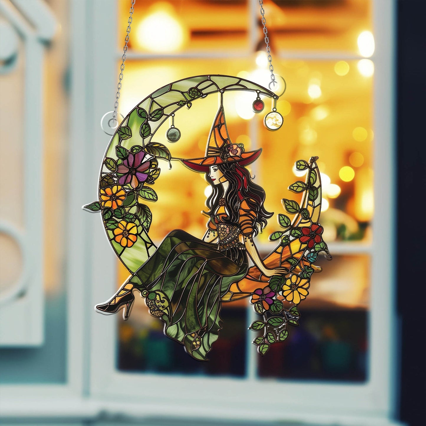 Witch And Moon Acrylic Window Hangings, Witch Ornament, Halloween Gothic Decor, Scary Decor,Spooky Home Decor,Halloween Gift,Halloween Decor