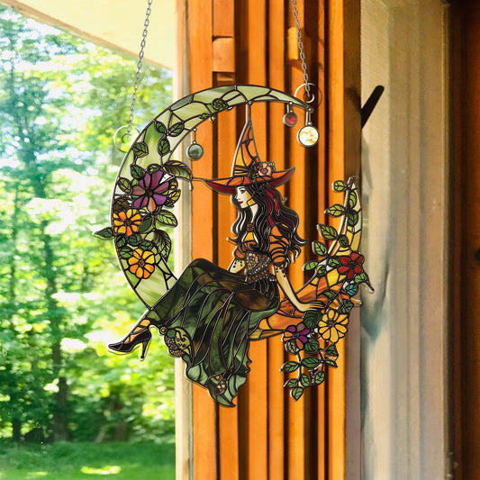Witch And Moon Acrylic Window Hangings, Witch Ornament, Halloween Gothic Decor, Scary Decor,Spooky Home Decor,Halloween Gift,Halloween Decor