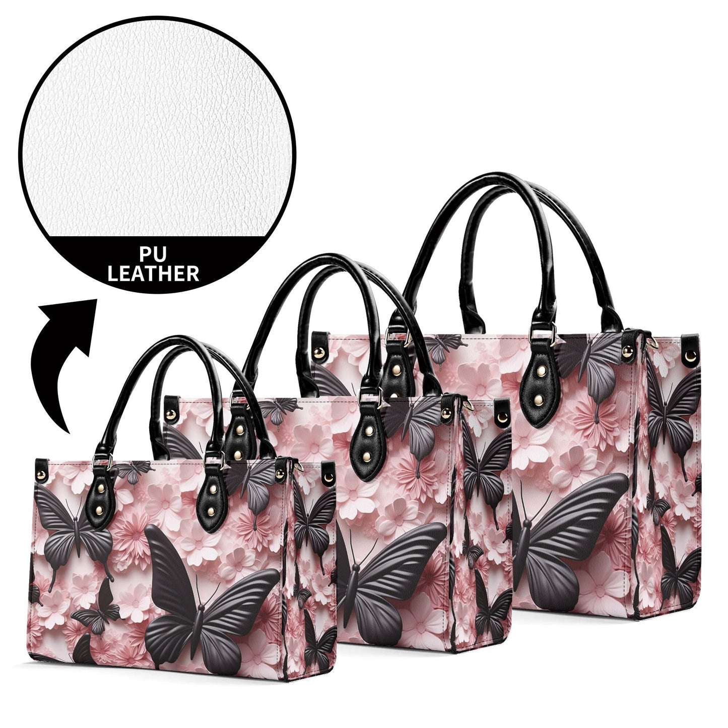 Black Butterfly Chic Tote Handbag. Pink Handbag, Waterproof PU Leather Tote, Top Handle Vegan Leather, Crossbody, Shoulder bag.