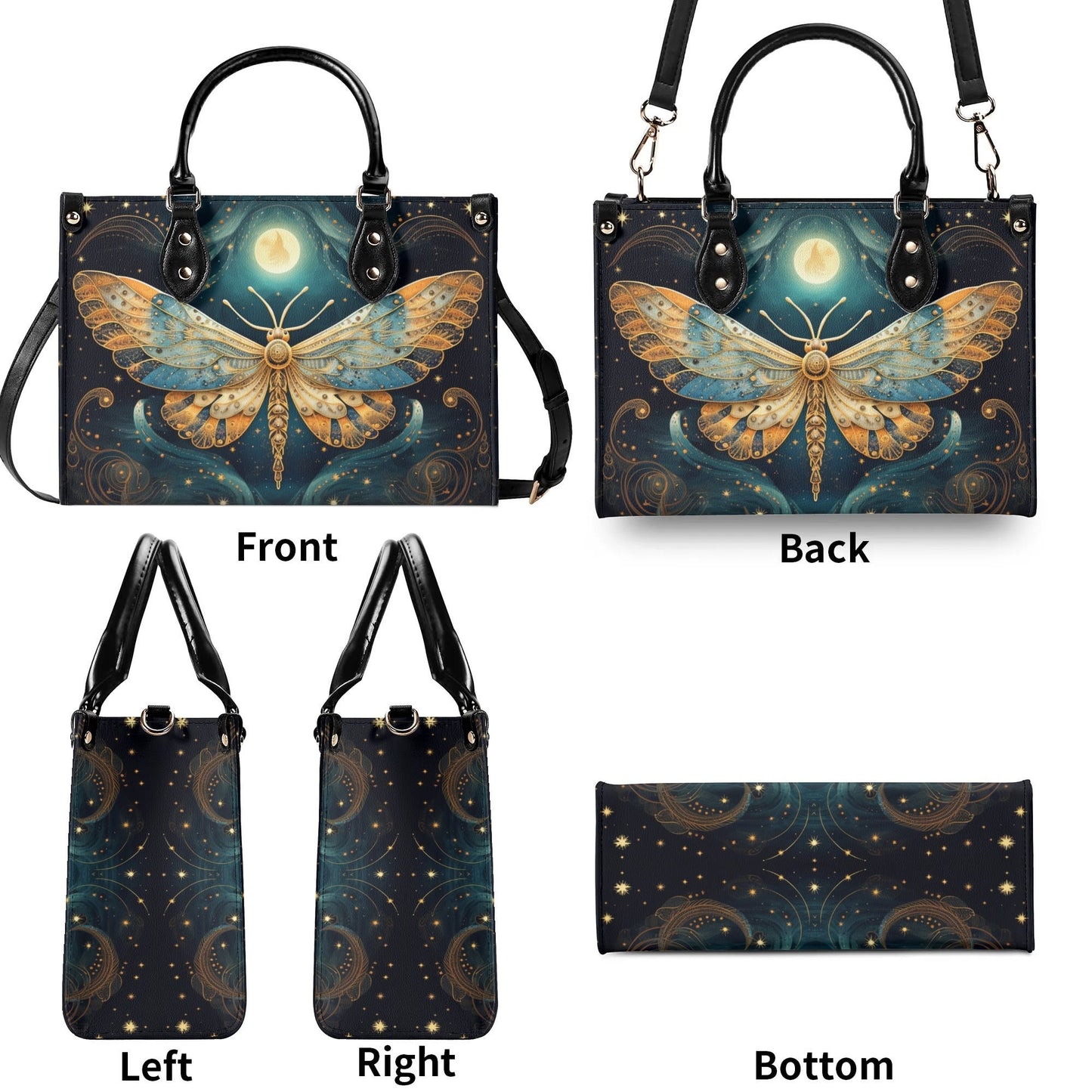 Lunar Moth Chic Tote Handbag. Mystical Handbag, Waterproof PU Leather Tote, Top Handle Vegan Leather, Crossbody, Shoulder bag.