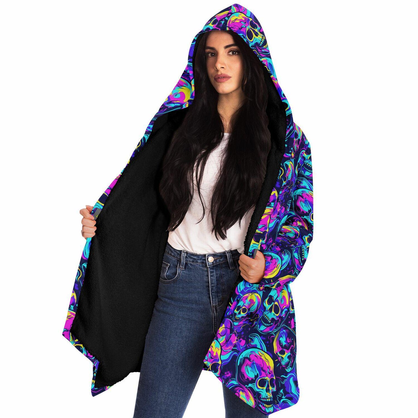 Unisex Micro-fleece Neon Skulls Print Hooded Cloak,Festival Rave Party Wear,Soft Halloween Cape,Vivid Colors EDM Festival Cape,Unique Gifts