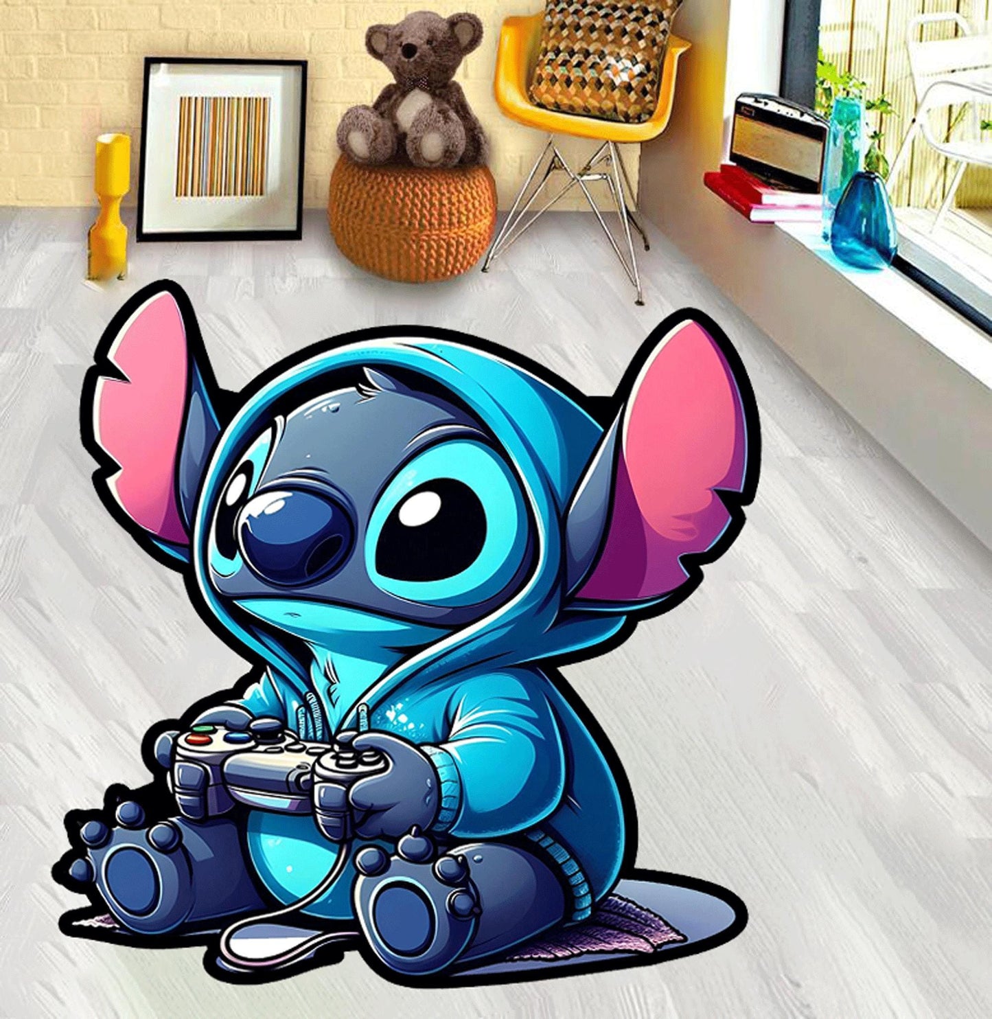 Angel and stitch love, Donut eating stitch, Motorcycle stitch, Stitch rug,stitch game, Strawberry milkshake drinking stitch, Custom rug