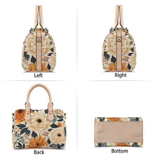 Sunset Blossom Leather Boston Handbag. Waterproof PU Leather Handbag, Top Handle Vegan Leather, Crossbody, Shoulder bag.