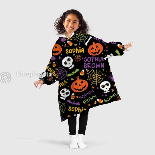 Personalized Wearable Hoodies Blanket, Custom Name Halloween Pattern Hoodie Blanket, Custom Halloween Oversized Blanket, Gift