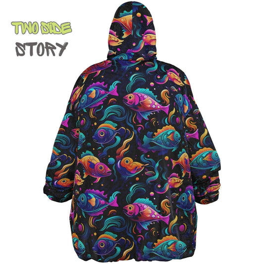 Unisex Reversible Snug Hoodie,Psychedelic Fish Trippy Print Blanket Hoodie,Festival Rave Party Wear,Oversized Hoodie Blanket,Unique Gifts
