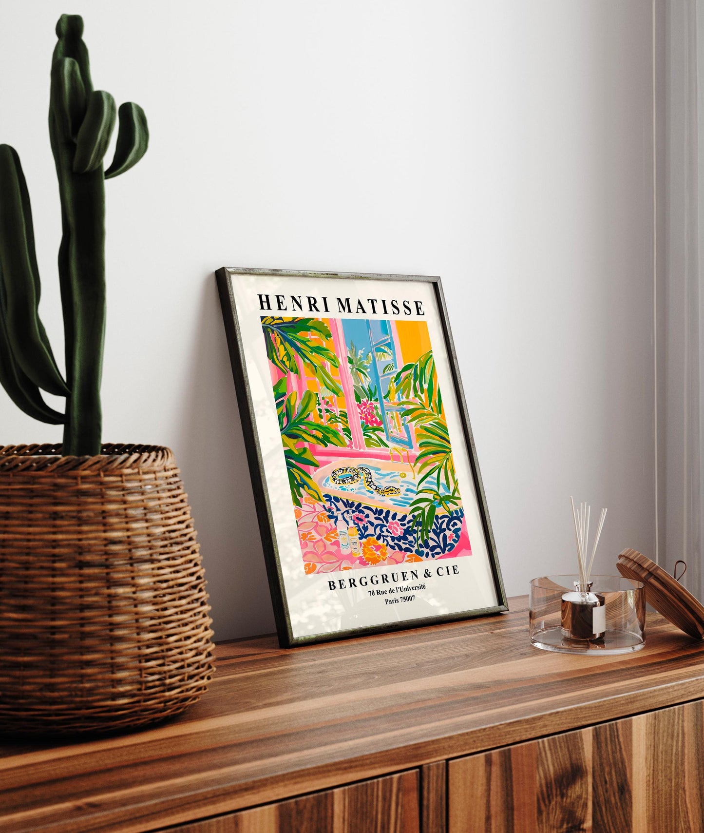 Snake in bathtub poster, Matisse print, Dopamine decor, Pink tropical bathroom art