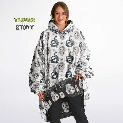Skulls Print Reversible Adult Snug Hoodie,Haloween Printed Oversized Double Sided Hoodie Blanket,Warm Blanket with Sleeves,Unique Gift