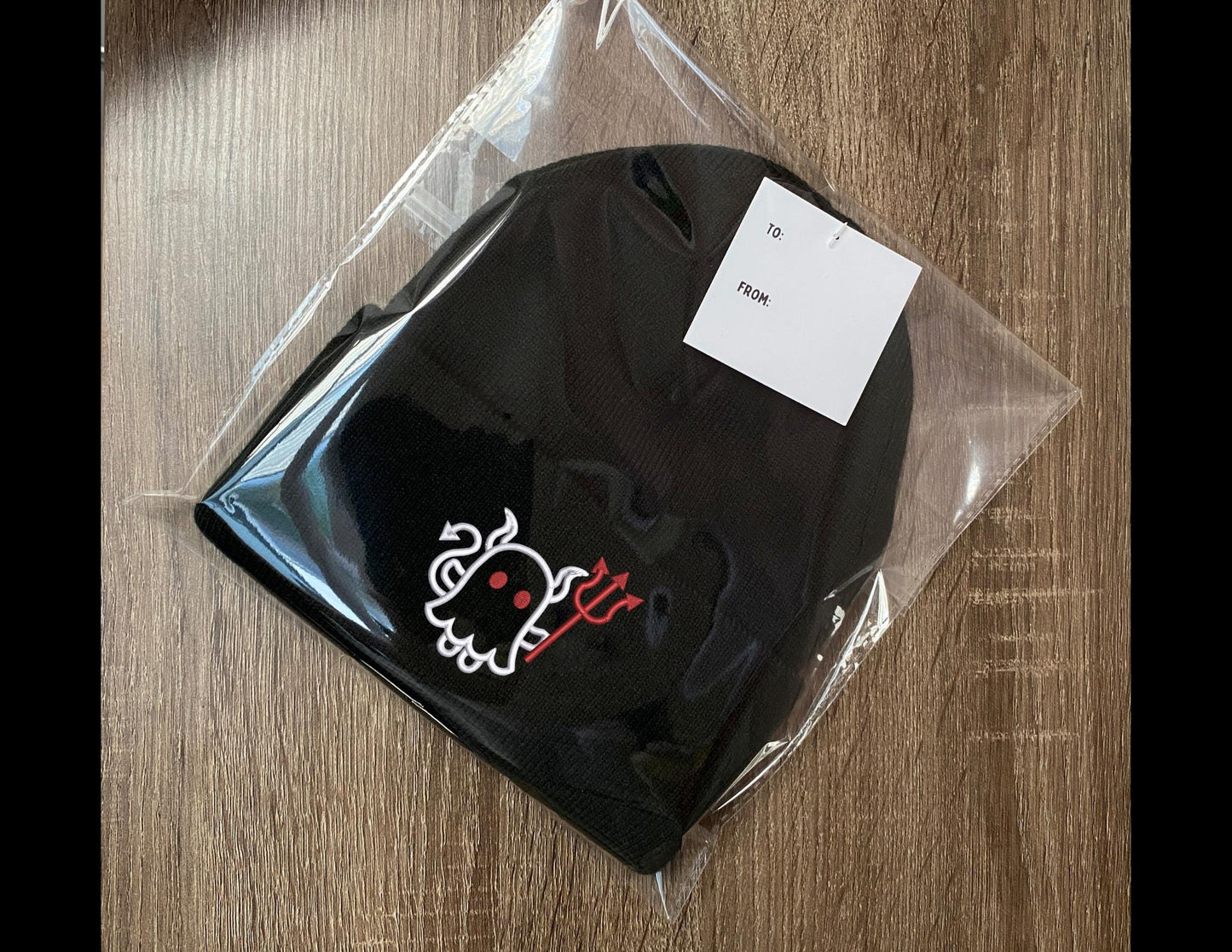 Embroidered Cute Ghost Devil w Pitchfork Beanie, Gift for Halloween, Spooky Casual Halloween Winter Wear, Simple Cute Winter Hat