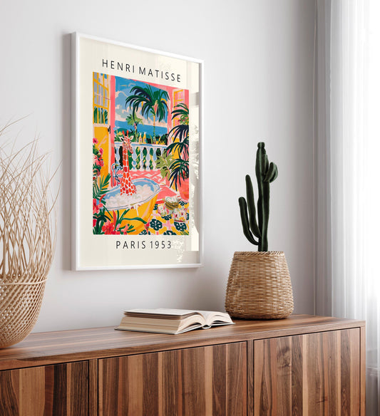 Giraffe in bathtub inspired by Matisse art, Funny poster, Mid century print, Pink bathroom decor, Tropical flowers wall art