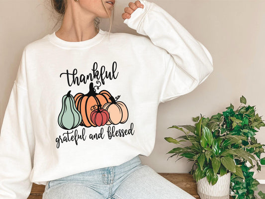 Thankful Grateful Blessed Sweatshirt And T-shirt, Vintage Cartoon Shirs, Spooky Season, Halloween Gift For Her, Cartoon lover, Pumpkin