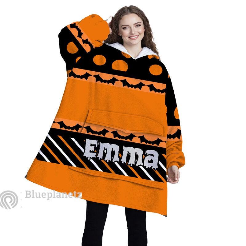 Personalized Wearable Hoodies Blanket, Custom Name Halloween Pattern Hoodie Blanket, Custom Happy Halloween Oversized Blanket, Gift